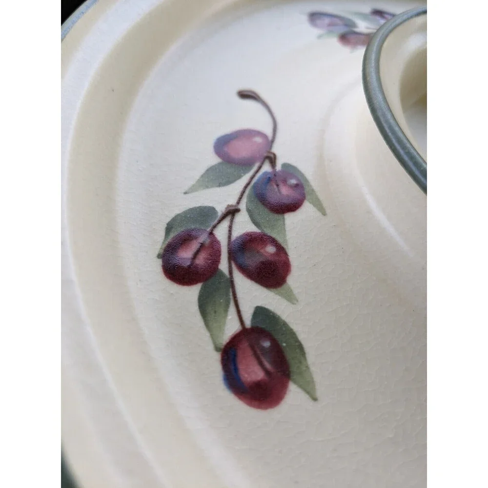 Cranberry Pottery Appetizer Dish With Bowl Attached for Dip Signed KTJ Red Cream